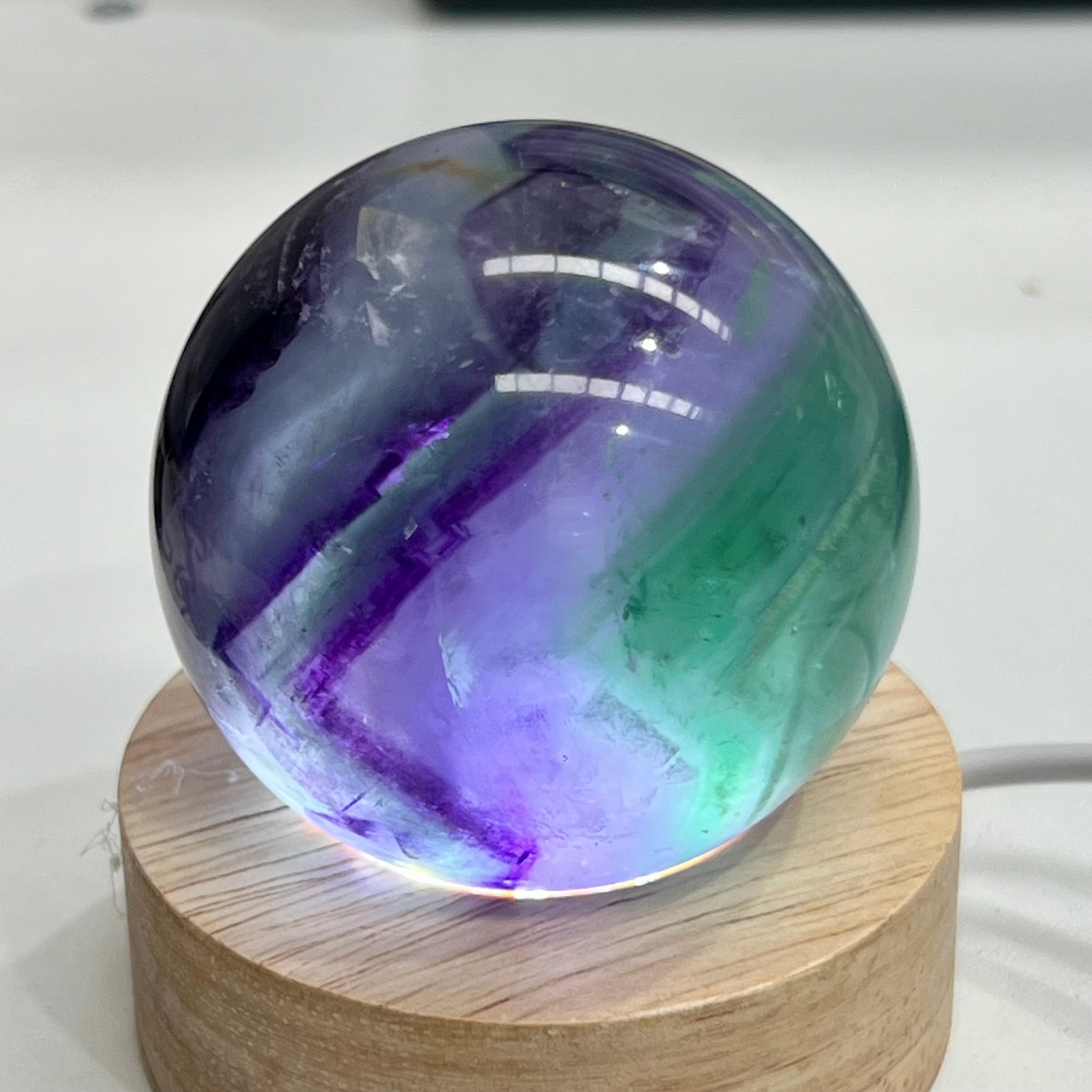 Rainbow Fluorite sphere + USB LED light base