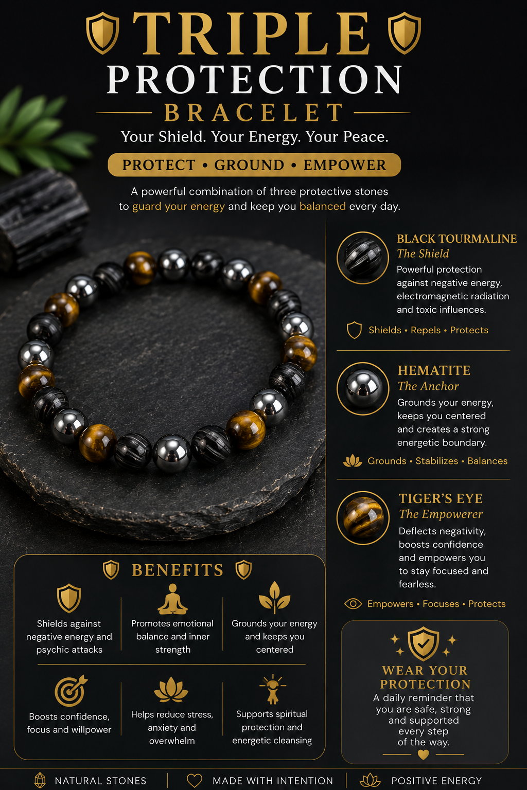 Triple Protection Healing Bracelet ( 8mm beads )