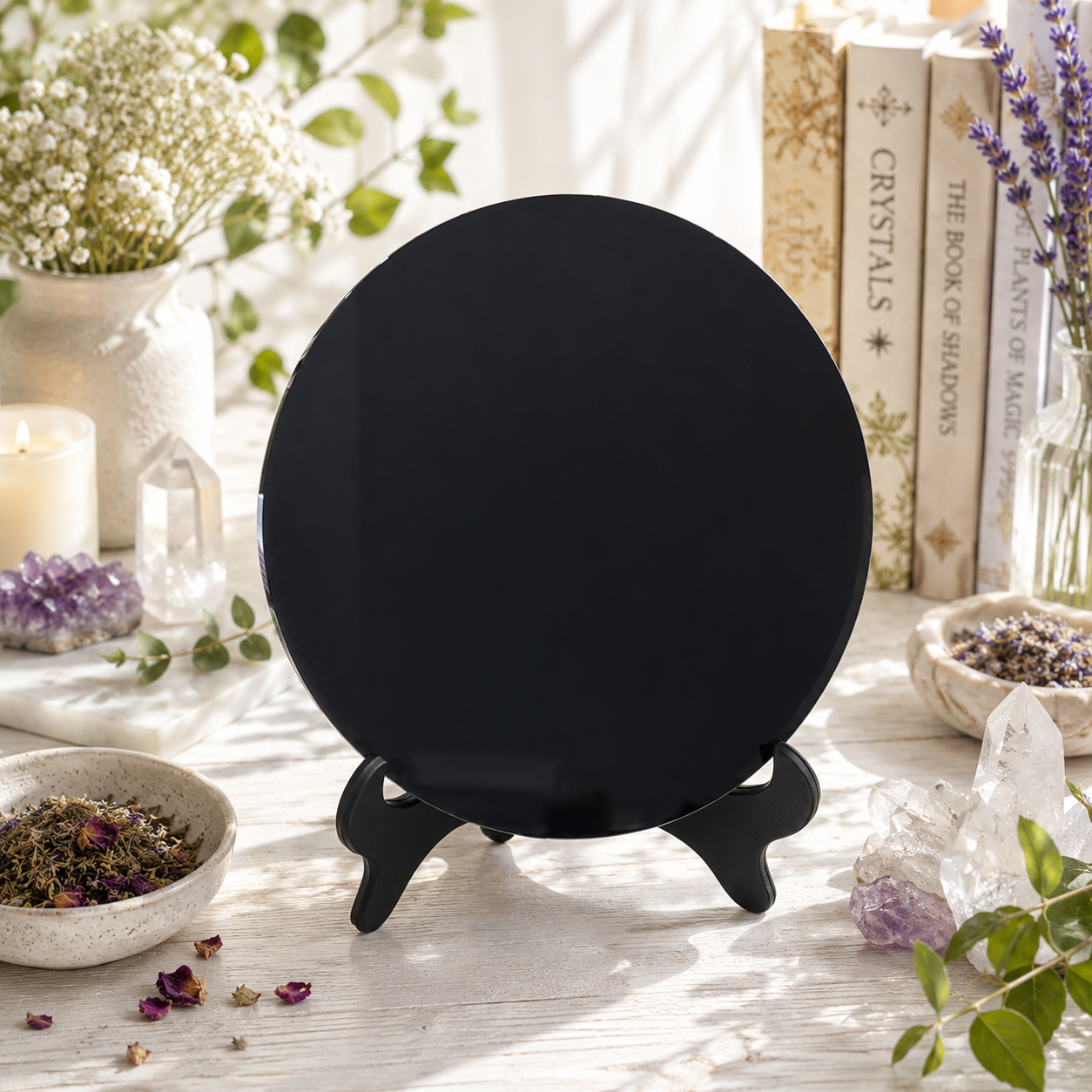 High quality - super reflective Black Obsidian Scrying Mirror + stand