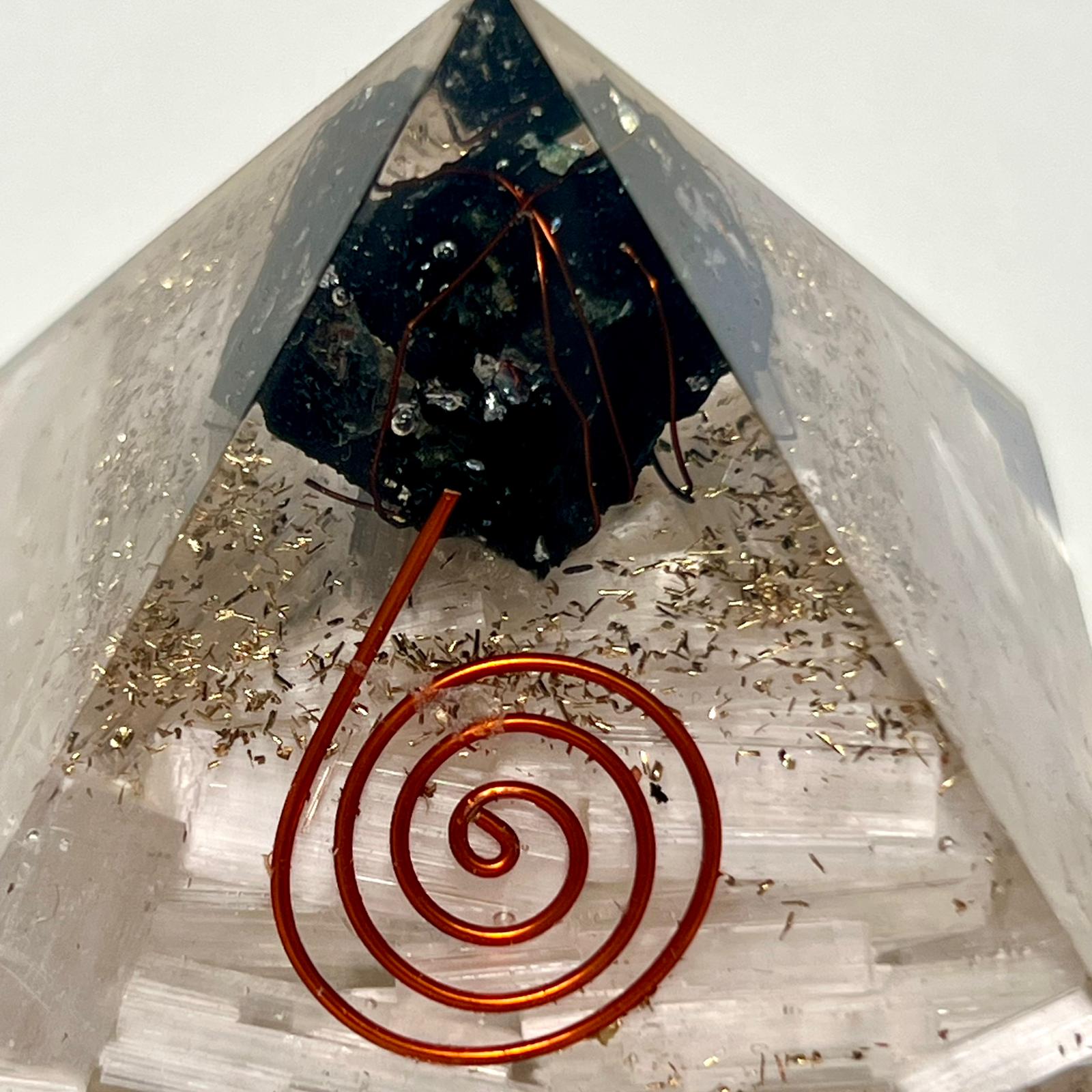 Selenite with Tourmaline Orgonite Pyramid