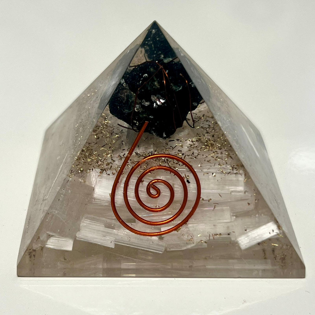 Selenite with Tourmaline Orgonite Pyramid