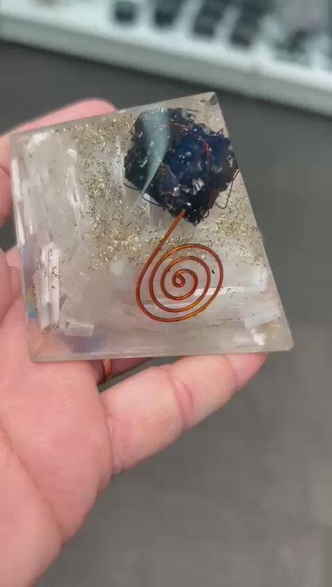 Selenite with Tourmaline Orgonite Pyramid