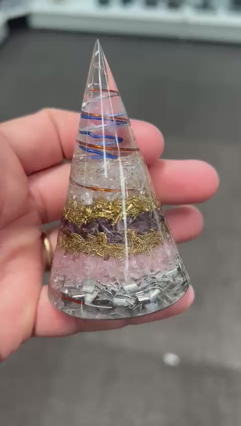 Trio Power Amethyst Rose Quartz and Clear Quartz Orgonite Pyramid