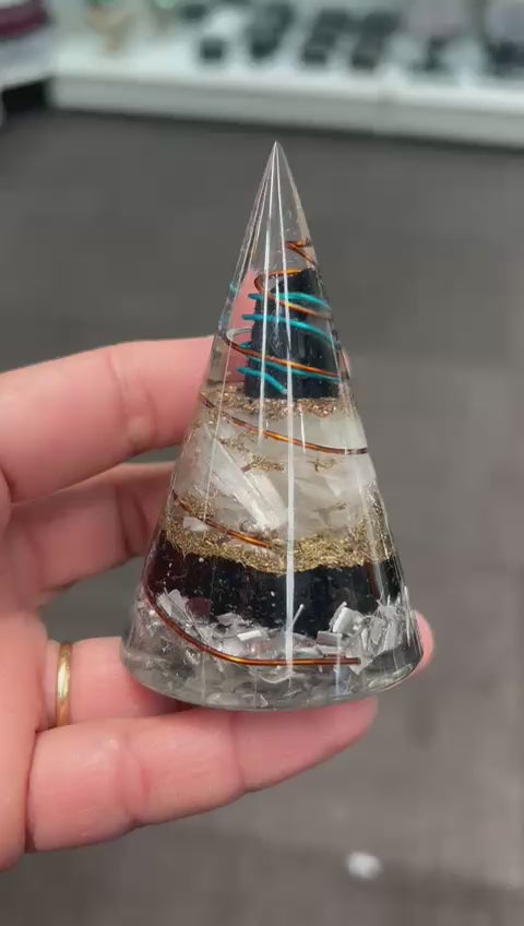 Selenite and Tourmaline Orgonite Pyramid